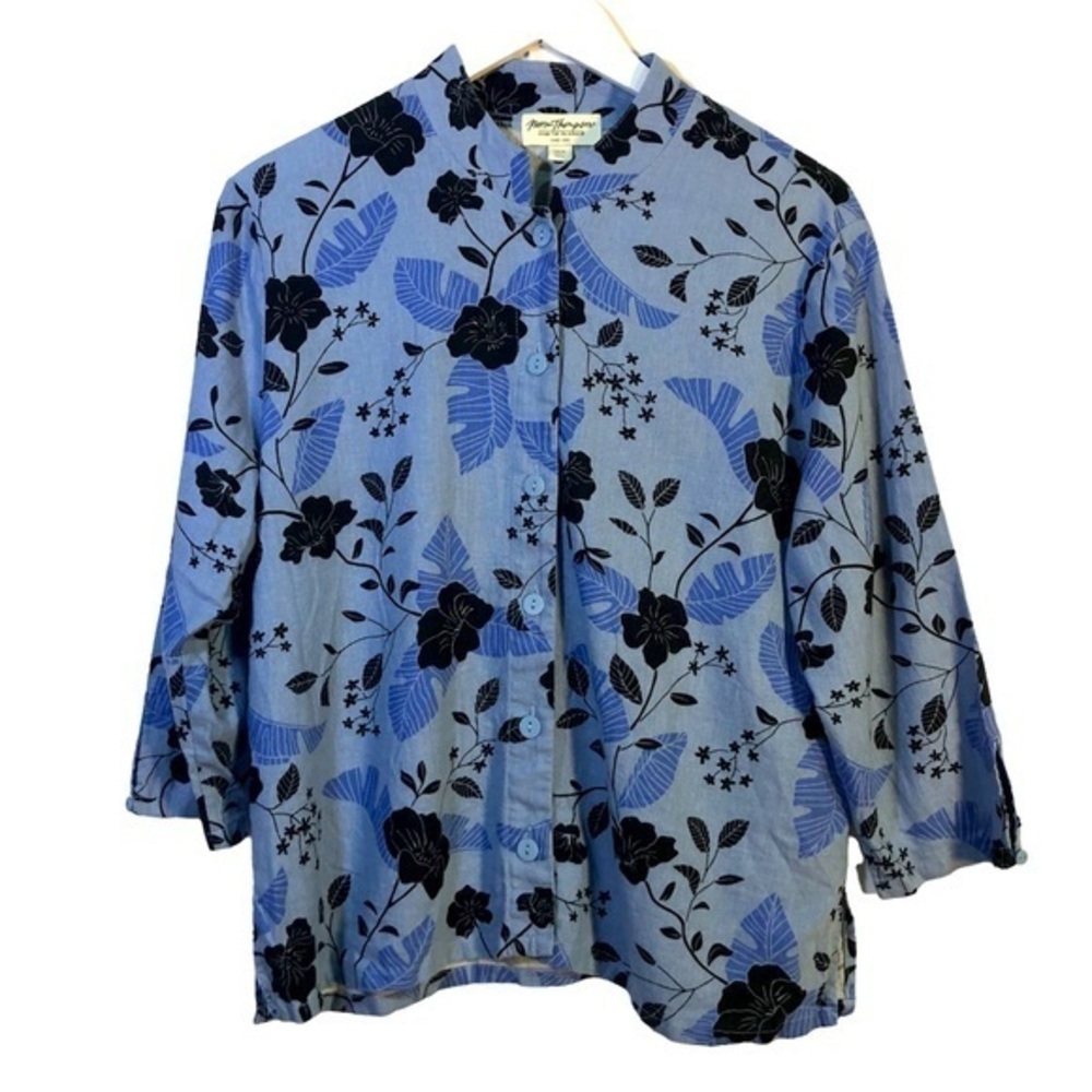 Norm Thompson Blues Floral Artsy Linen Blend Button Up Shirt Size Medium